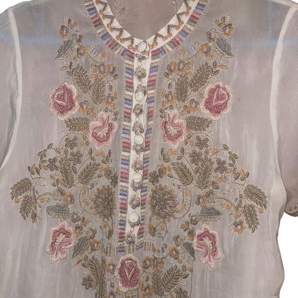 Johnny Was Womens Top Size S White Talum Allover Embroidered Tunic Boho Chic - Picture 9 of 12